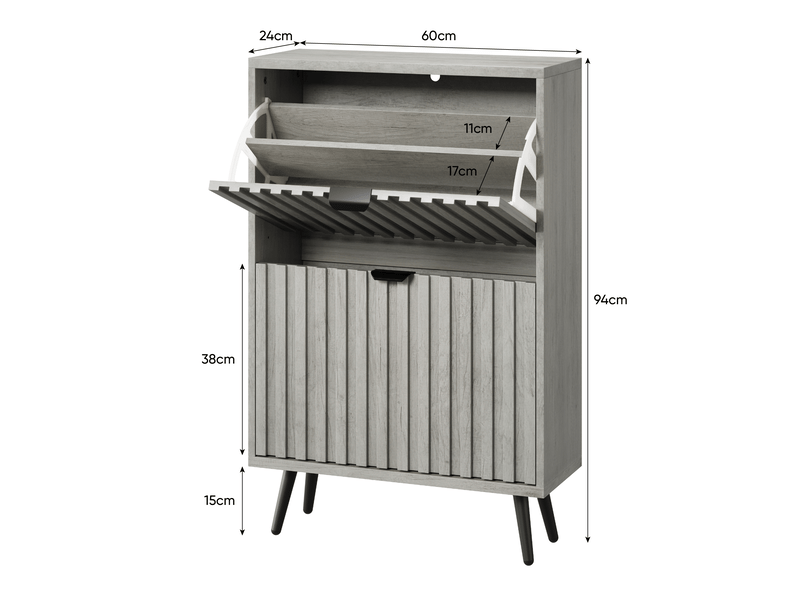  Meuble à chaussures gris 60x24x94 cm avec portes abattantes et panneaux rainurés mdf pour entrée et couloir  - Conforama C