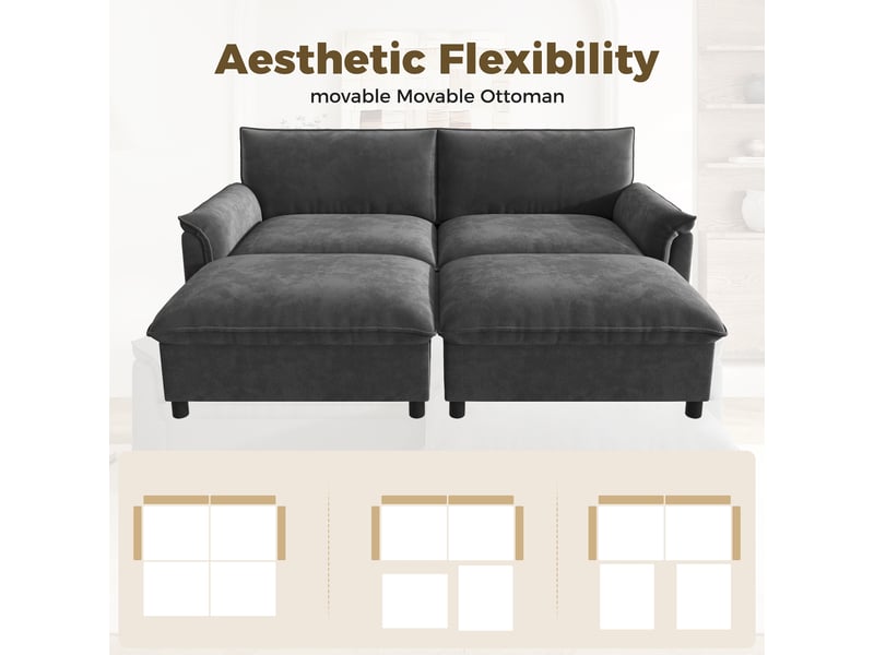 Canapé modulable 4 places, canapé d'angle gris en chenille, assise profonde avec 2 poufs de rangement pour salon & chambre, 216cm - Conforama D
