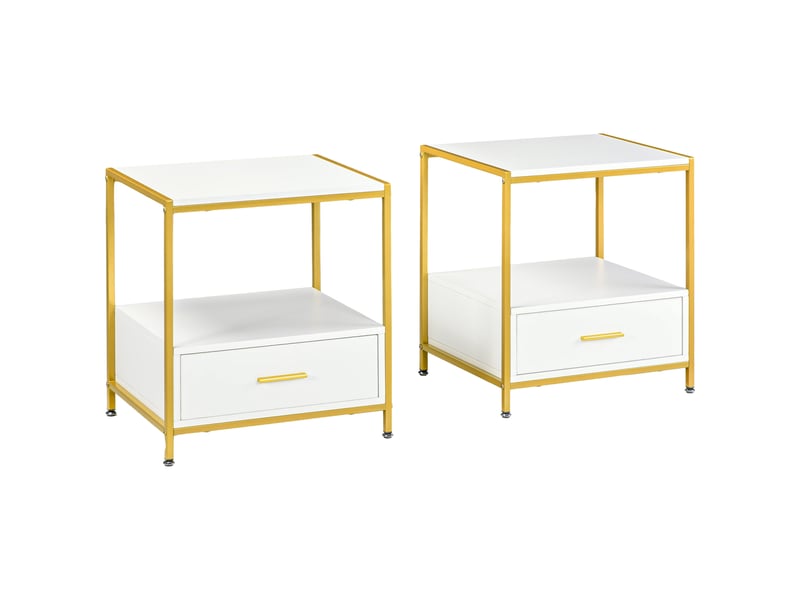  Ensemble de 2 tables de chevet élégantes et modernes avec tiroir et étagère ouverte, 50 x 40 x 55 cm, blanc et or  - Conforama A