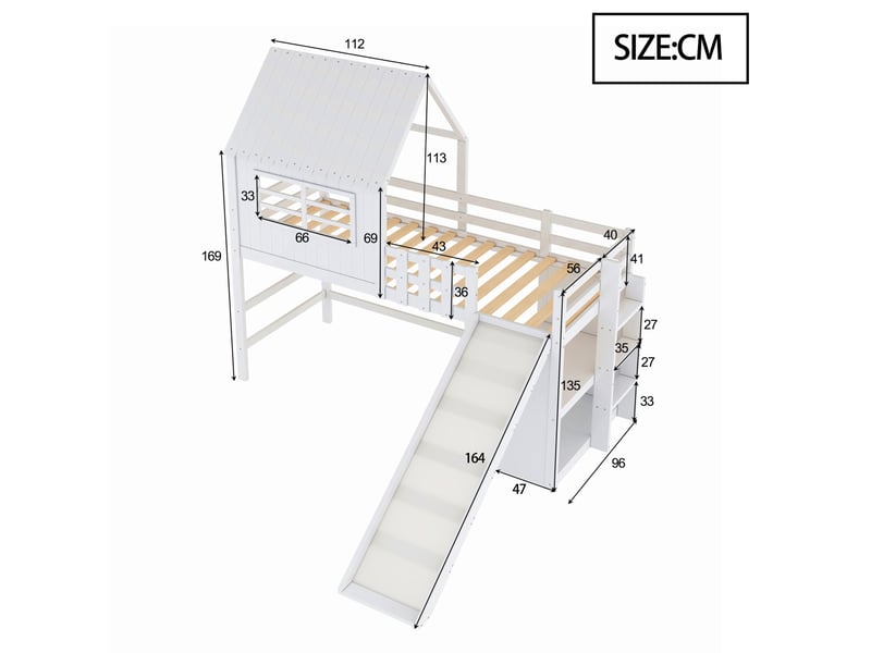  Lit mezzanine enfant 90 x 200 cm blanc avec toit, toboggan, échelle et rangements  - Conforama E