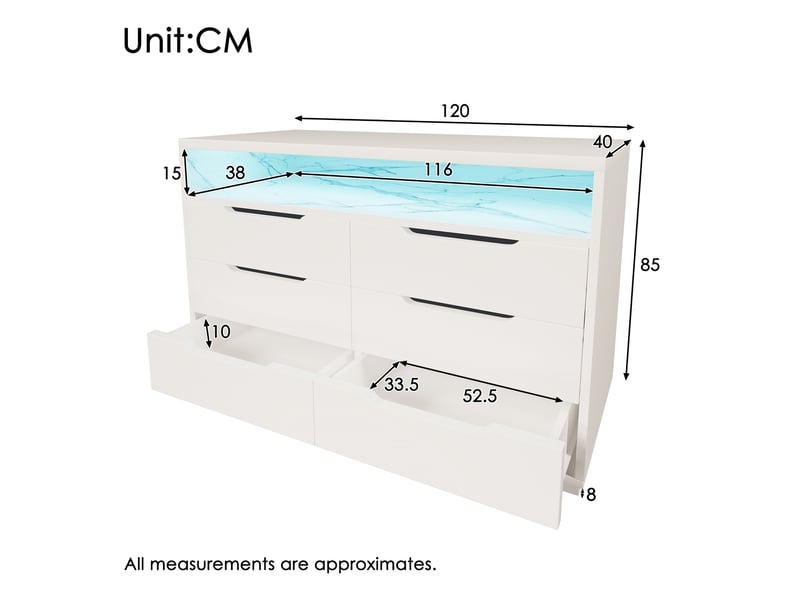 Commode blanche 120x40x85 cm avec 6 tiroirs, led et niche effet marbre - Conforama C