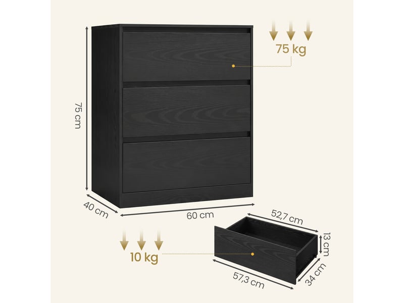  Commode 3 tiroirs sans poignées, meuble de rangement moderne, 60 x 40 x 75 cm, noir  - Conforama D