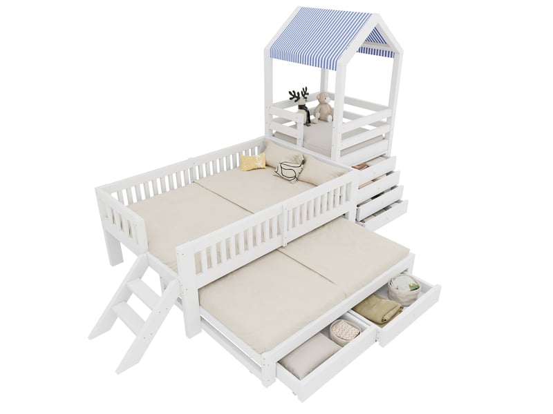  Lit enfant mezzanine 90x200 cm avec lit gigogne, rangements et échelle, blanc  - Conforama A