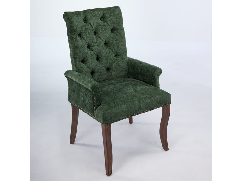  Chaise de salle à manger en chenille vert olive avec accoudoirs, dossier haut capitonné, pieds courbés en bois massif, style classique  - Conforama A