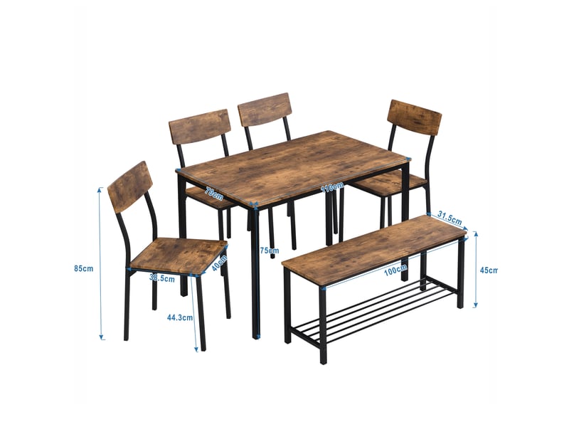  Ensemble table et chaises industriel 6 places marron avec banc et structure en métal pour repas conviviaux  - Conforama C