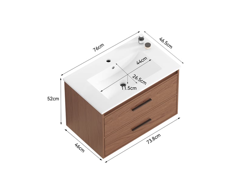 Armoire de salle de bain avec 2 tiroirs et rangement spacieux, pour salle de bain, en mdf brun rougeâtre, largeur 75 cm  - Conforama D