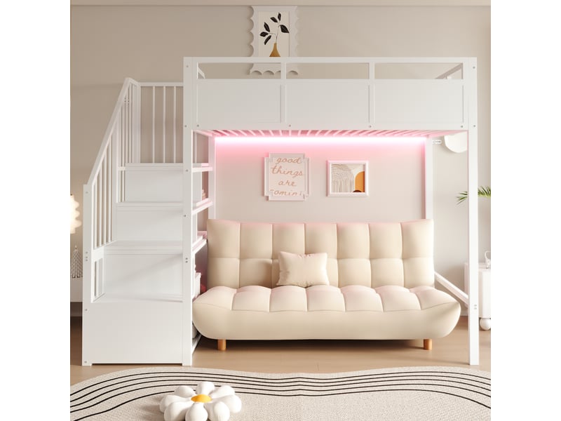 Lit mezzanine enfant 90 x 200 cm avec échelle de rangement réversible, garde-corps haut, led, structure en métal et panneaux bois, blanc - Conforama C