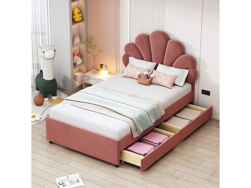 Lit enfant 90x200 cm, tiroirs, espace de rangement, tête de lit réglable, sommier, velours rose foncé, sans matelas - Conforama W