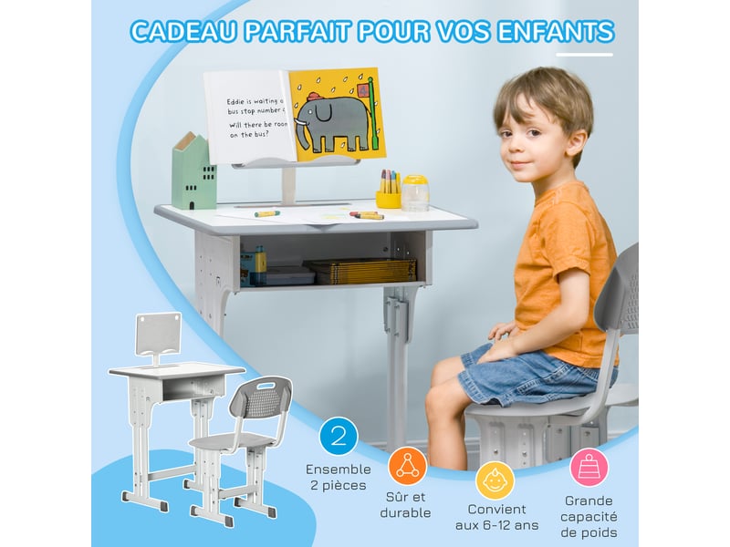  Bureau et chaise pour enfant avec support de lecture casier crochet et porte stylo 60 x 45x 90-102 cm gris  - Conforama E