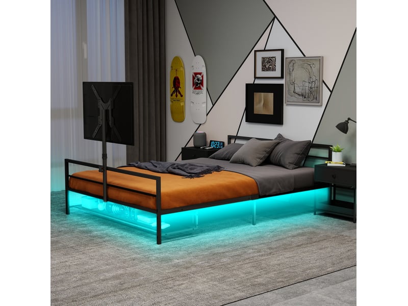  Lit 1 place, 90x200 cm, support écran orientable avec led intégrée, espace nuit, style moderne, métal, coloris noire  - Conforama D