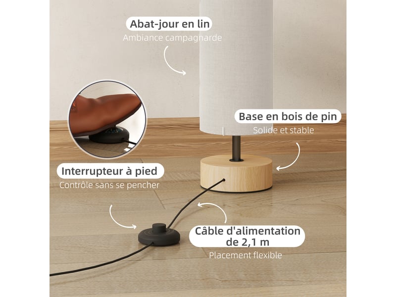  Lampadaire sur pied de salon avec abat-jour en lin, interrupteur à pied, 2 x douille e27, beige, 120 cm  - Conforama E