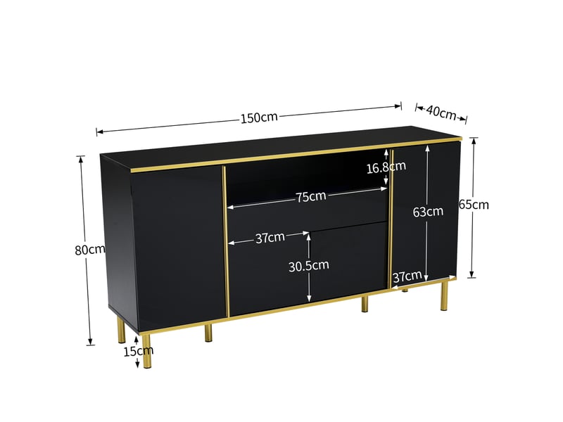  Buffet bas 150x40x80 cm noir brillant en mdf et panneaux de particules, 4 portes, 1 tiroir avec led  - Conforama C
