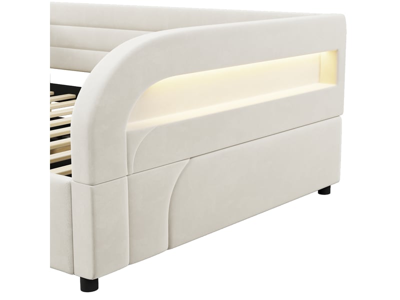  Lit coffre banquette 140 × 200 cm, rangement hydraulique, led rgb, côtés rembourrés, sommier à lattes, flanelle beige  - Conforama E