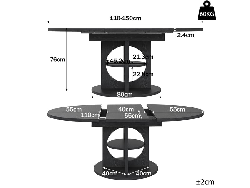 Table à manger extensible, plateau rond à ovale 110-150cm, espace de rangement, panneau aggloméré et cadre métal noir, destination cuisine et salle à manger - Conforama C