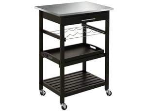 Chariot de service desserte de cuisine table roulantes avec étagère rangement bouteille 60l x 40l x 85h cm noir plateau en acier inox.