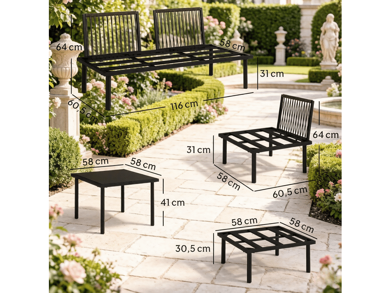  Salon de jardin modulable 6 pièces 116 x 60,5 cm gris clair et noir, métal, table basse en verre trempé  - Conforama C