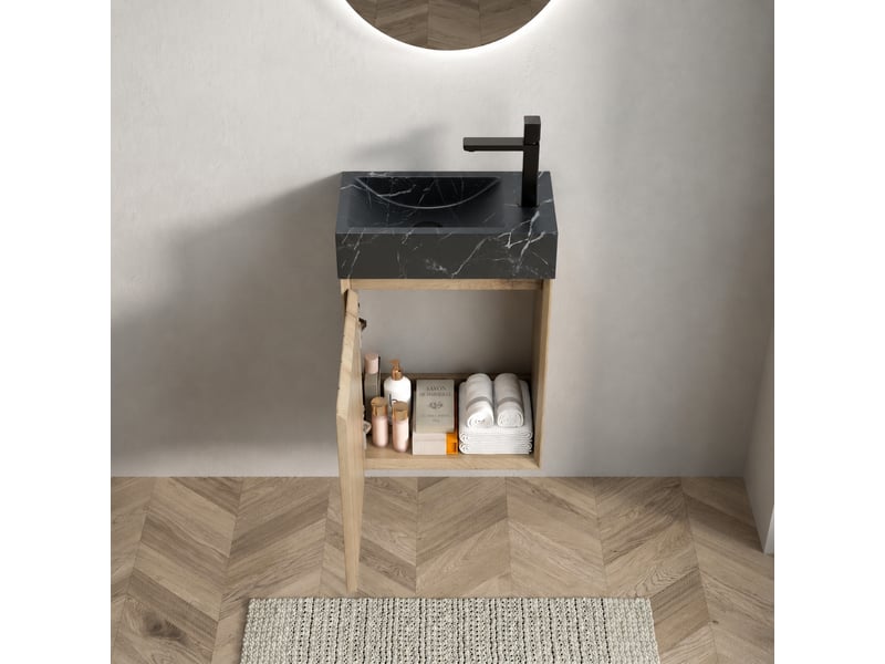  Meuble vasque suspendu 40 cm avec vasque intégrée en marbre naturel, finition chêne blanc  - Conforama B
