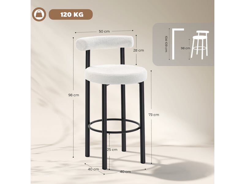  Lot de 2 tabourets de bar, chaises de bar en tissu bouclette avec dossier incurvé, repose-pieds, 50x52,5x98cm, blanc  - Conforama E