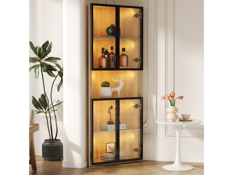  Vitrine en verre avec éclairage led, meuble vitrine aspect chêne 62x32x160cm, vitrine d'angle gain de place pour salon et bureau  - Conforama B