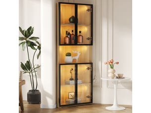 Vitrine en verre avec éclairage led, meuble vitrine aspect chêne 62x32x160cm, vitrine d'angle gain de place pour salon et bureau