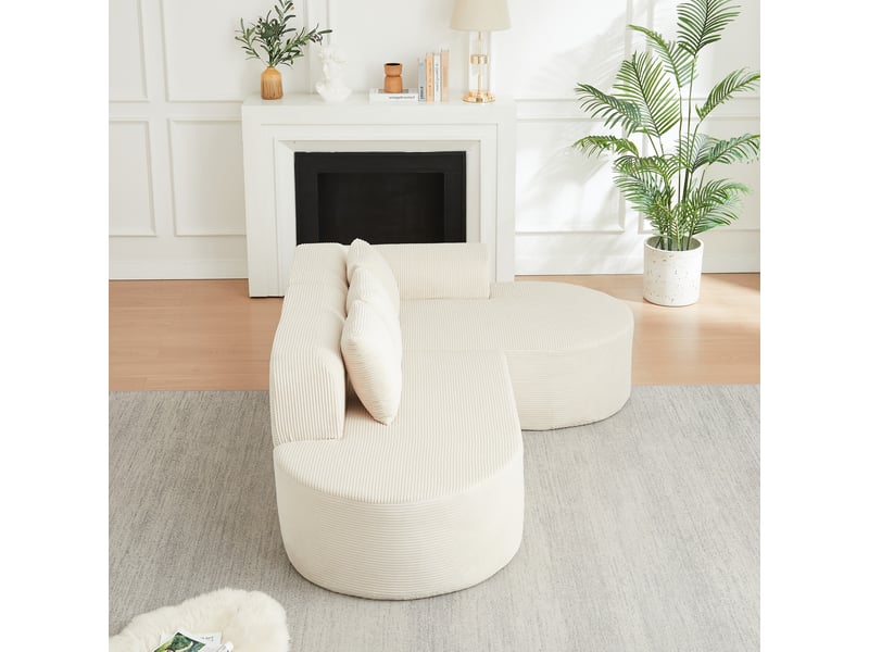  Canapé modulable en l 220 cm en velours côtelé, avec dossier et accoudoirs incurvés, 3 coussins - beige  - Conforama D