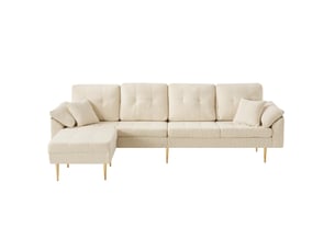 Canapé droit 4 places avec pouf modulable en angle, assise rembourrée et pieds hauts en fer, velours côtelé beige clair