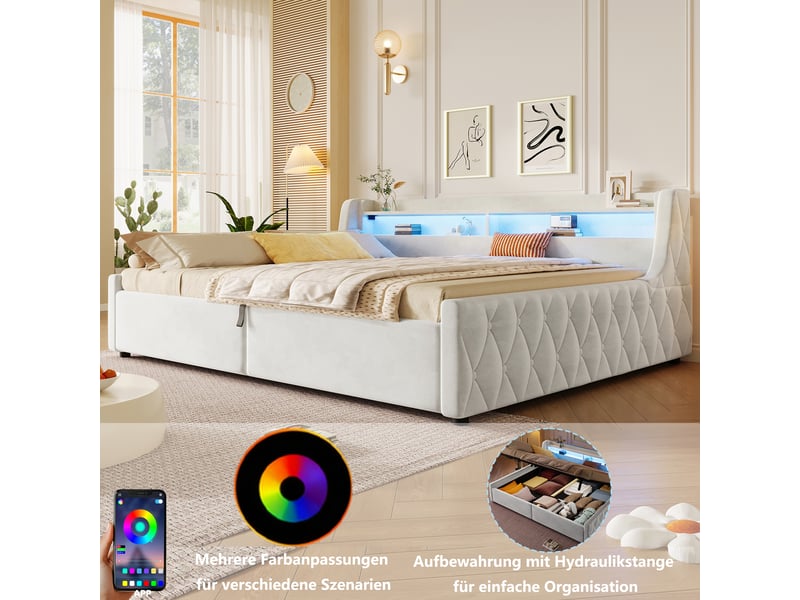  Lit coffre 140 × 200 cm, rangement hydraulique, tête avec led multicolore, sommier à lattes, velours blanc  - Conforama E