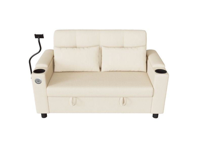  Canapé 2 places avec rangement, usb et type-c en velours côtelé beige  - Conforama D