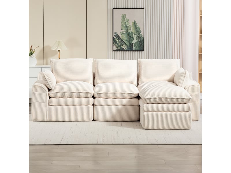  Canapé 3 places ulevr modulable avec pouf, poches latérales et coussins, velours côtelé beige, 263 x 167 x 85 cm  - Conforama D