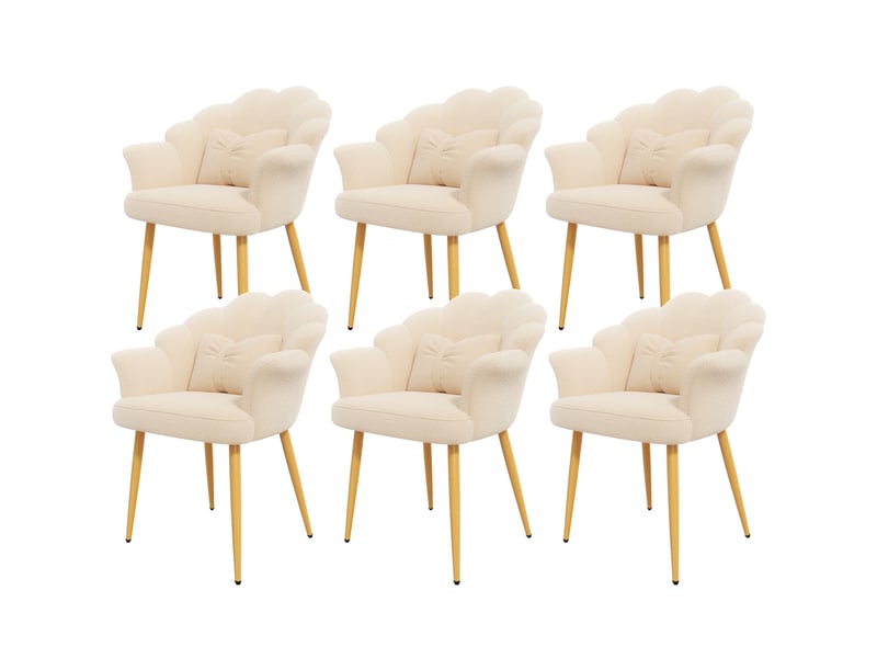 Lot de 6 fauteuils de salle à manger en tissu teddy beige, pieds en métal doré - Conforama W