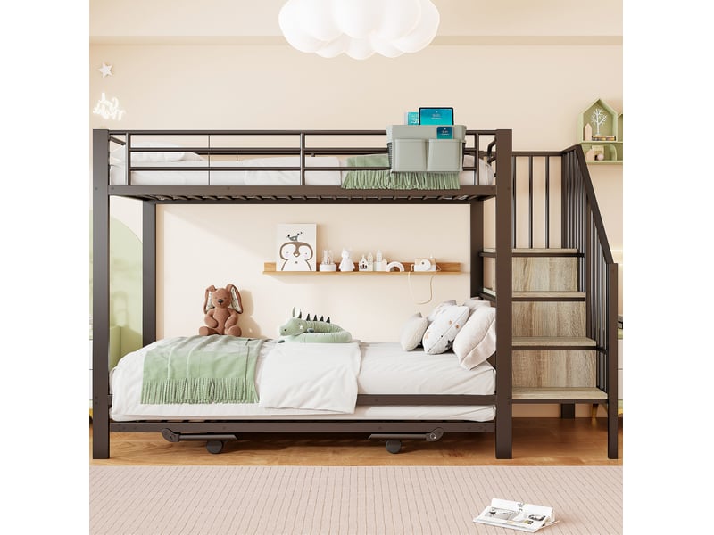  Lit superposé 90 x 200 cm noir en métal, lit gigogne, escalier avec rangements et poche de chevet  - Conforama B