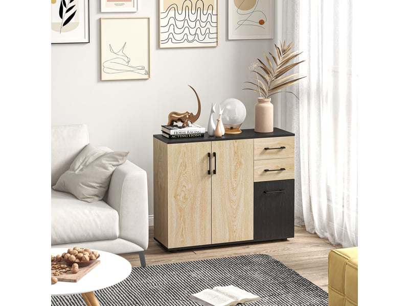  Meuble buffet de rangement cuisine 2 placards étagère réglable 2 tiroirs naturel noir 90 x 30 x 75,5 cm  - Conforama W