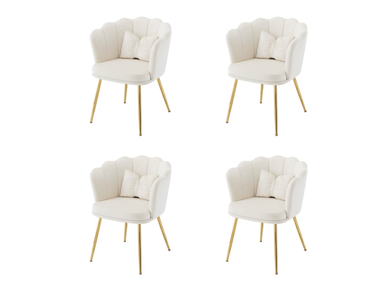  Lot de 4 fauteuils modernes en velours, dossier pétale, pieds métal doré et coussins papillon  - Conforama A