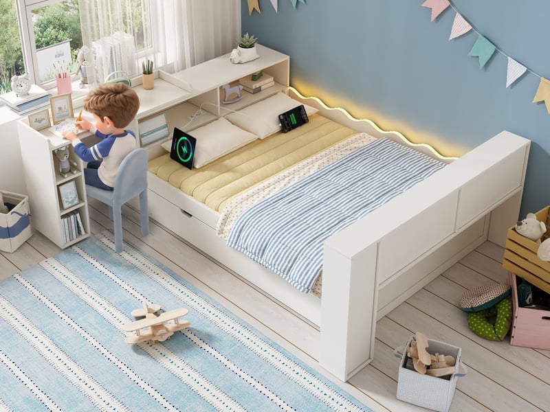 Lit gigogne, 140x200 cm, lit en bois avec éclairage led et bureau coulissant, tête de lit modulable avec compartiments, blanc - Conforama B