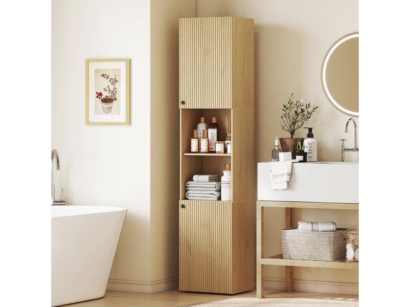  Armoire de salle de bain haute, 6 niveaux, 2 placards, 2 étagères ouvertes, compartiments ouverts, bois, couleur chêne  - Conforama D