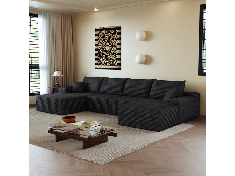  Canapé d'angle, canapé modulable, livré monté, design moderne, 340 cm, pour salon, chambre, appartement, assise profonde, noir  - Conforama E