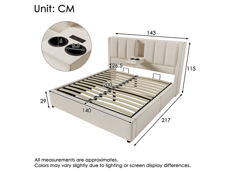  Lit double avec coffre, 140x200 cm, charge, avec porte gobelet dissimulé, sommier inclus, bois et métal, coloris beige  - Conforama C