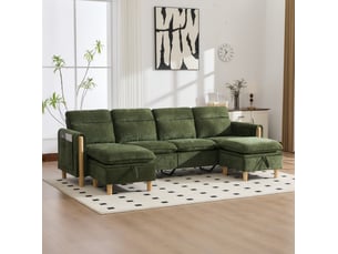 Canapé d'angle panoramique fixe <strong>MODFU</strong> <strong></strong> 4 places Tissu vert avec coffre de rangement