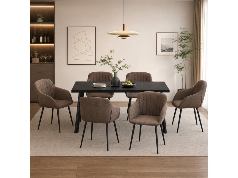  Ensemble table et 6 chaises - table rectangulaire 160x80 cm monobloc en chêne noir et pieds métal, 6 chaises en tissu marron moka et pieds métal  - Conforama A