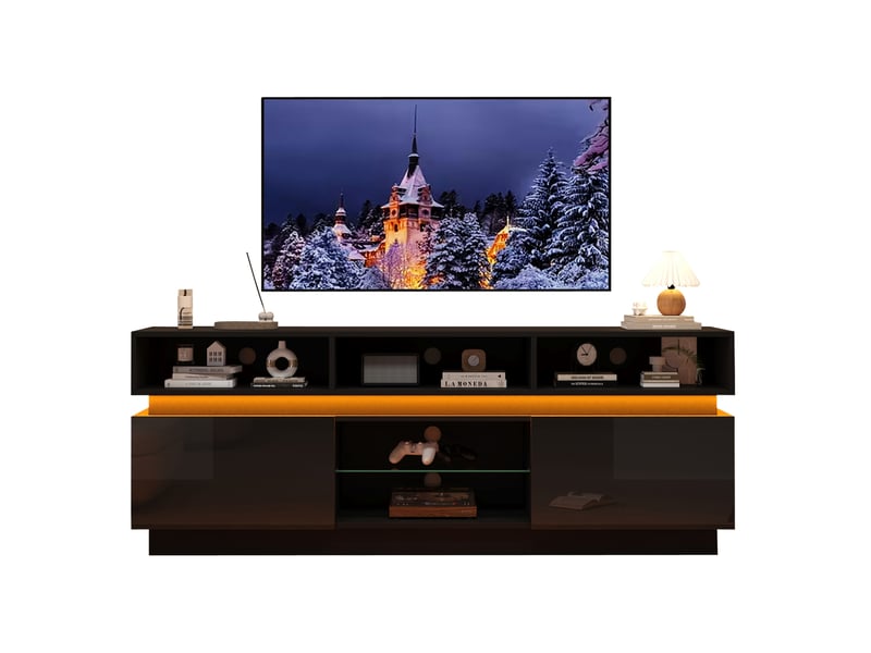  Meuble tv 160x35x60 cm avec led, façade brillante, mdf, noir  - Conforama A