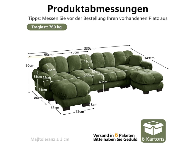 Canapé d'angle panoramique u 4 places 330x149x90 cm, ergonomique, dossier, déplaçables, 2 poufs, modulaire, revêtement en chenille, vert - Conforama C