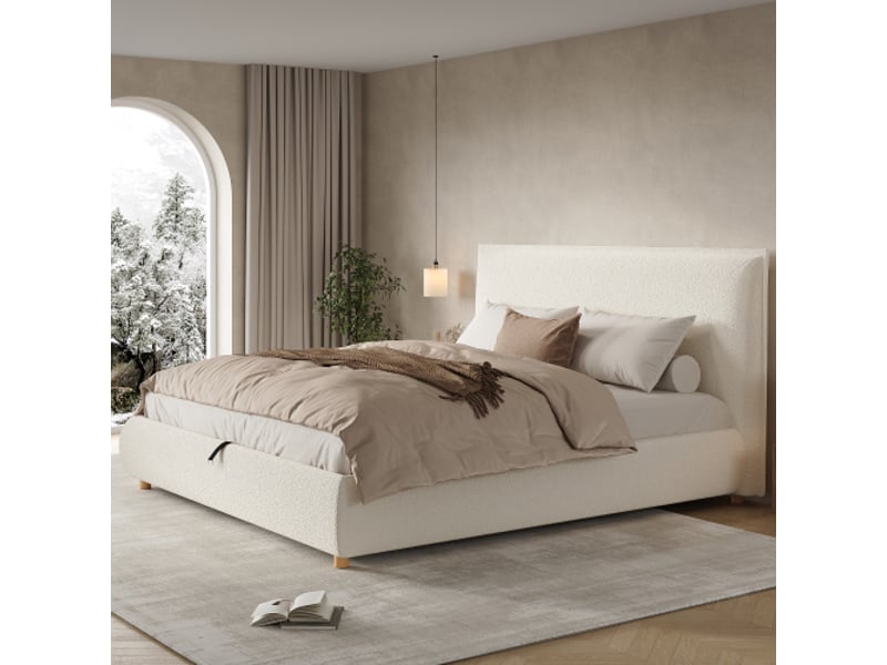  Lit coffre lit double 180x200 cm avec sommier hydraulique, tête de lit rembourrée et pieds bois massif, bouclette blanche  - Conforama C