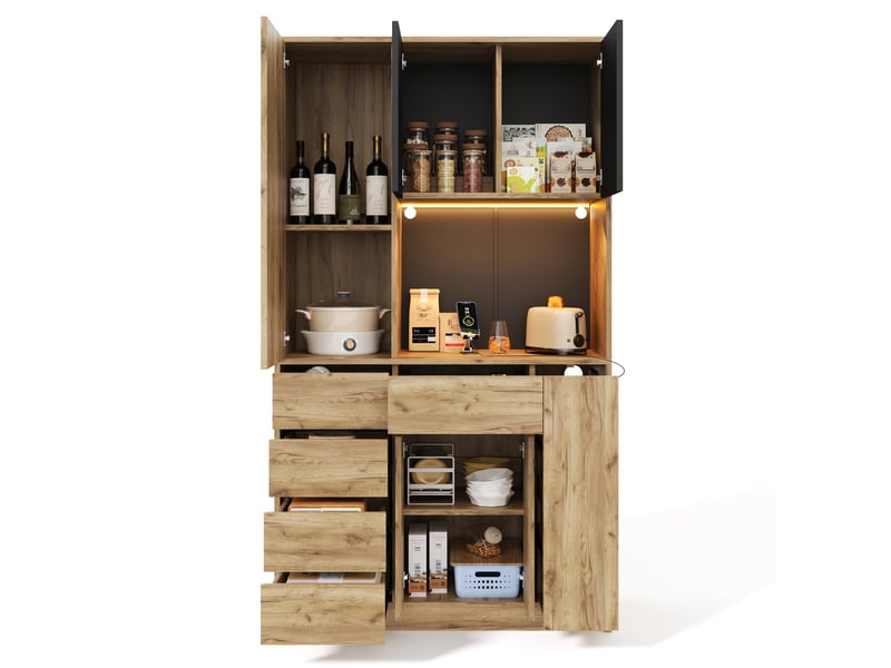  Buffet haut 105x40x185 cm noir et naturel mdf, 4 tiroirs, led, prises usb et type c, rangement cuisine  - Conforama A