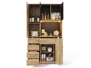 Buffet haut 105x40x185 cm noir et naturel mdf, 4 tiroirs, led, prises usb et type c, rangement cuisine
