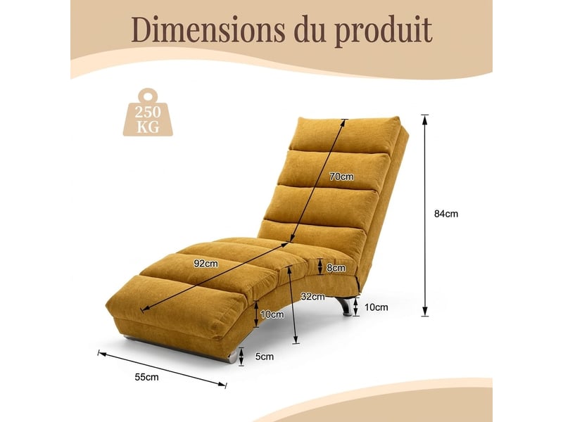  Chaise longue de relaxation fixe avec fonction massage vibrant – méridienne ergonomique capitonnée en tissu aspect lin avec poche latérale – jaune moutarde  - Conforama C