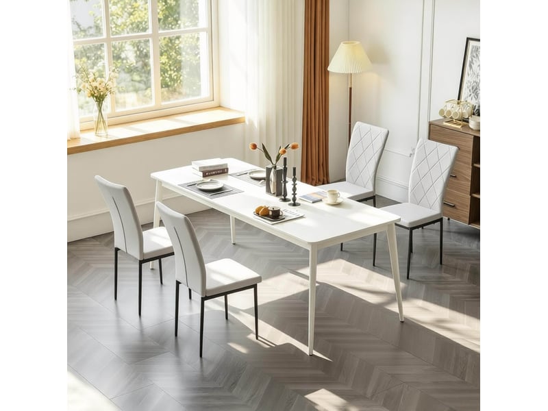 Chaise de salle à manger lot de 4 à dossier haut rembourré avec patins antidérapants en simili cuir et métal noir et blanc - Conforama E