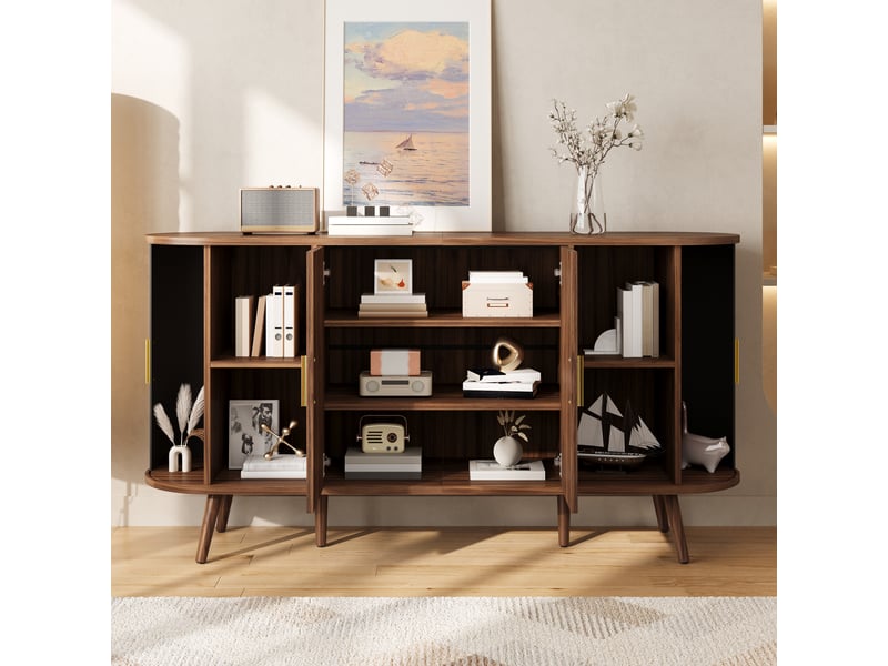  Buffet bas 150 cm en mdf décor noyer, 4 portes dont 2 coulissantes, côtés arrondis rainurés, pour salle à manger et entrée  - Conforama W