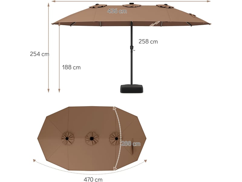 Parasol double à 12 baleines (marron, 4,36 x 2,58 m, avec pied et led) | parasol rectangulaire avec manivelle, 144 led solaires, 12 modes - Conforama B