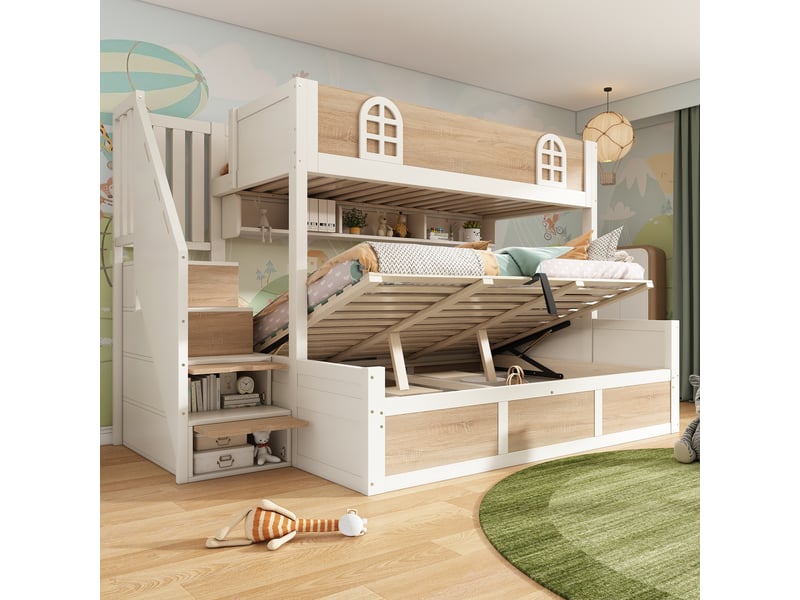 Lit superposé enfant 3 places 90×200 cm et 140×200 cm, coffre hydraulique en bois - okmyhome- sans matelas - Conforama B