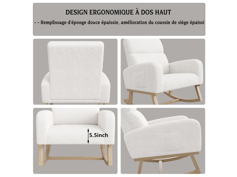  Fauteuil à bascule - 69,2x78,5x87cm - fauteuil roulant laine bouclée avec haut dossier, poches latérales &amp; pieds bois - blanc  - Conforama D